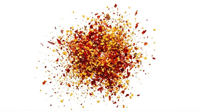 Red chili pepper flakes exploding in mid air against white background