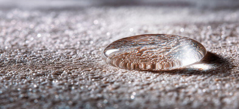 Large clear water drop sitting on a textured fabric surface. Macro view of liquid bead on waterproof material. Concept of moisture protection, repellent coating and clean environment.