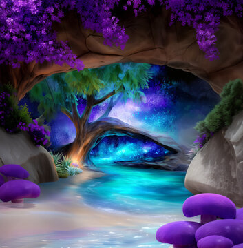 Magical forest cave with glowing blue water and starry sky background. Fantasy landscape with purple flowers and neon mushrooms. Surreal nature scene for fairy tale background illustration.