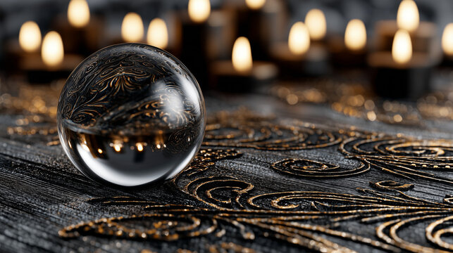 Crystal ball on dark ornate wooden surface with glowing candles. Magic fortune teller glass sphere for divination and spiritual practice. Mystical ritual background for esotericism concept.