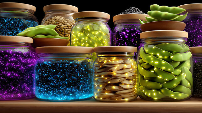 Glass jars filled with glowing beans and seeds on wooden shelf. Magic pantry with supernatural food ingredients. Fantasy cooking and culinary mystery concept with vibrant lights.
