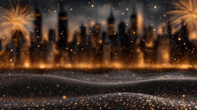 Fireworks over a blurred city skyline with glittering black sand foreground. New Year celebration background. Festive night urban scene with bokeh golden lights and shimmering particles.