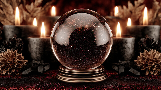 Crystal ball on a stand surrounded by burning candles. Magic orb with glittering cosmic interior. Divination, occultism and mysticism concept. Esoteric tool for fortune telling.