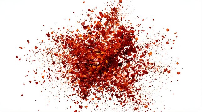 Red chili pepper flakes exploding isolated on white background for seasoning