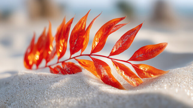 Bright orange leaf lying on white sand. Autumn foliage contrasting with beach landscape. Seasonal transition concept representing nature, warmth, change, and serenity in outdoor environment.