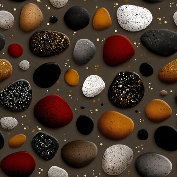 A pattern with decorative stones and gold sequins. The texture of smooth river stone in red, black and brown tones. Minimalistic wallpaper background with a print and luxurious design.