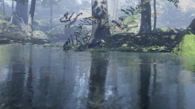 A forest with tall trees stands beside a calm body of water. The surface reflects the trees and the surrounding plants. Mist fills the air, creating a soft atmosphere in the early morning.