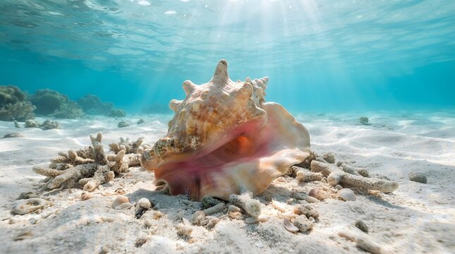 Queen Conch shell resting on the sandy ocean floor in clear tropical turquoise water.
