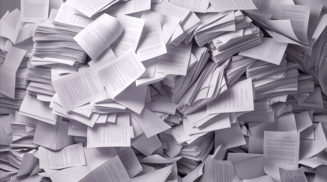 Messy pile of white paper documents scattered in disorganized heap. Concept of bureaucracy, administrative overload, and excessive paperwork in office environment.
