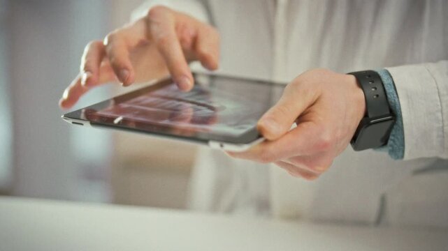 A doctor studies a panoramic x-ray on a digital tablet, zooming into damaged sections. The medical professional's hands swipe the screen, ensuring precise diagnosis in a modern healthcare setting