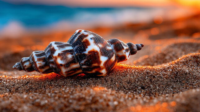 Seashell lying on wet sand at sunset. Close-up of marine mollusk shell on tropical beach shore during golden hour. Symbol of summer vacation, travel, nature, relaxation and ocean.