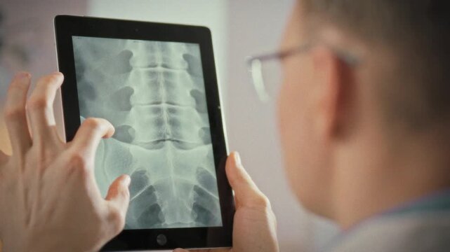 A doctor reviews a lumbar spine x-ray on a digital tablet's touchscreen, employing cutting-edge tablet technology to enhance diagnostic precision and support innovative treatment planning