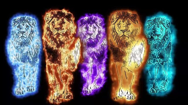 A powerful fire lion slowly walks toward the viewer, its entire body engulfed in flickering flames against a pure black background. This futuristic 3D animation blends realistic fire simulation with a