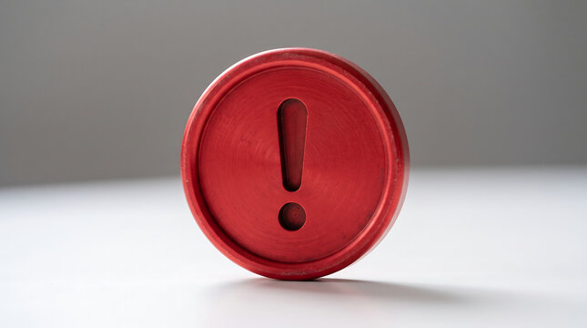 Single red metallic circular coin featuring engraved exclamation mark symbol placed on clean neutral surface highlighting warning notification design concept for business.