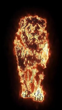 A powerful fire lion slowly walks toward the viewer, its entire body engulfed in flickering flames against a pure black background. This futuristic 3D animation blends realistic fire simulation with a