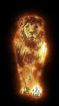 A powerful fire lion slowly walks toward the viewer, its entire body engulfed in flickering flames against a pure black background. This futuristic 3D animation blends realistic fire simulation with a