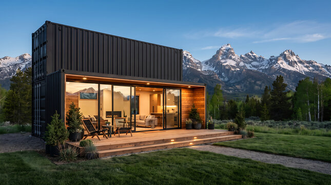 Contemporary modular container house design against majestic snow-capped mountains with container architecture mountain sustainable dwelling exterior minimalist