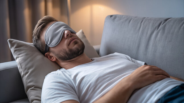 Bearded man wearing sleep mask while napping on sofa. Daytime rest and recovery at home.