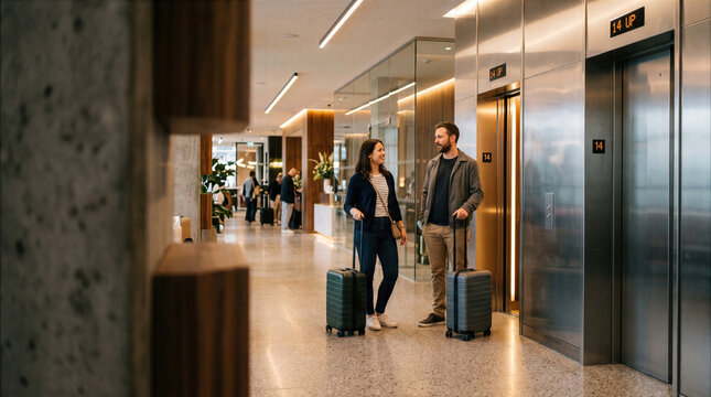 Man and woman with suitcases talking while waiting for an elevator in a modern hotel lobby or office building.