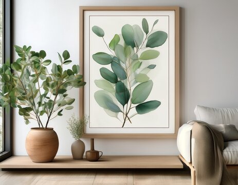 minimalist wooden frame mockup hanging on textured white wall inside bright living room area with botanical eucalyptus watercolor art print featuring soft green leaves and beige plant accents