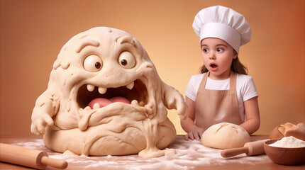 Naklejka premium Surprised girl in chef hat looking at living dough monster on kitchen table. Creative baking concept with animated bread character and child cook.