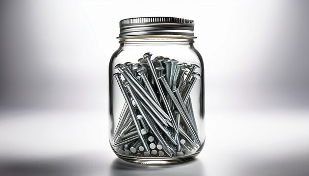 a jar filled with silver nails ready for construction on a white or clear surface backgrounwhite background