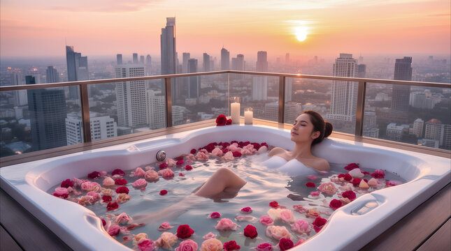 Serene young woman relaxing in rooftop hot tub filled with rose petals. Luxury penthouse lifestyle with panoramic city skyline view at sunset.