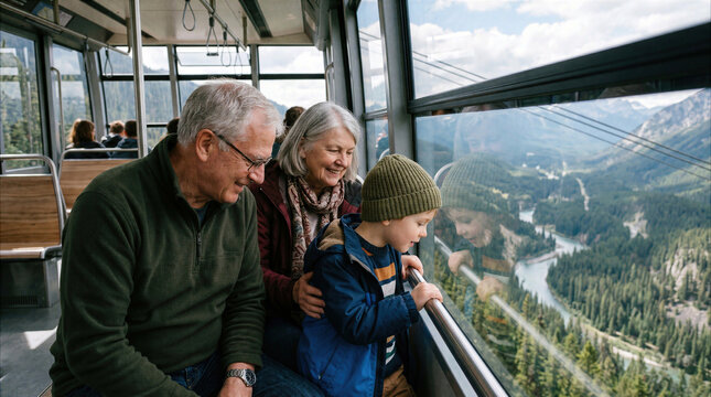 Grandparents and little grandson looking at scenic mountain landscape from cable car gondola during a family vacation trip