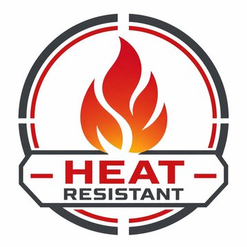 Heat resistant vector icon emblem design with red fire flame symbol for temperature proof material product labeling