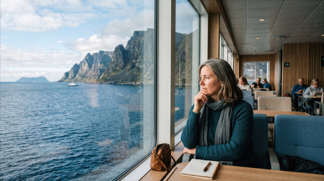Thoughtful woman looking through ferry window at scenic mountain fjord landscape during solo travel journey
