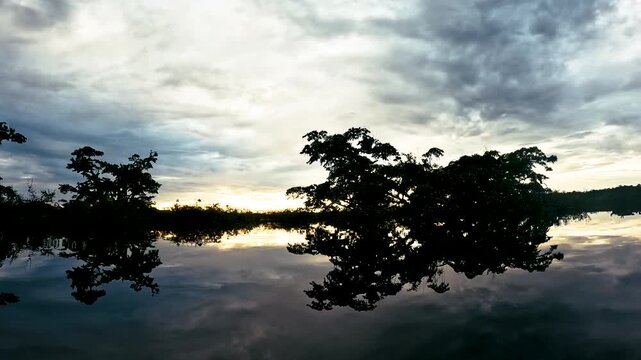 Dramatic Sunset Sky Over Flooded Amazon Rainforest in Ecuador with Dark Tree Reflections, Calm Water and Remote Tropical Wetland Wilderness