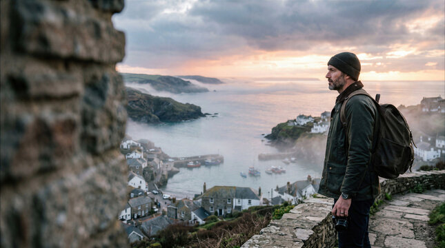 Traveler with Backpack Overlooking Misty Coastal Village and Harbor at Sunset