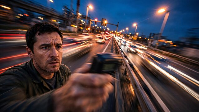 Dramatic portrait of a tense Caucasian man reaching out on a busy city highway at night with blurred traffic lights speeding by in motion