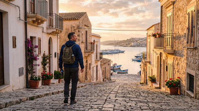 Man with backpack walking down narrow cobblestone street in Mediterranean coastal town at sunset