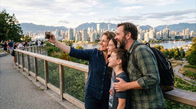Family Taking Selfie with Smartphone at Vancouver Lookout Point in Stanley Park with Skyline View
