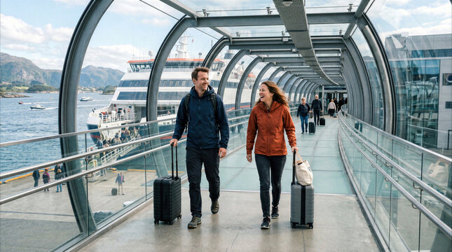 Happy couple walking with suitcases in a modern glass tunnel boarding a ferry in Norway