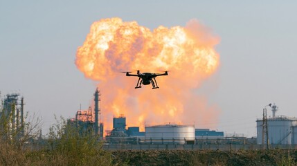 Fototapeta premium Tactical drone on war. Power plant is under attack due to drone strike. FPV drone hitting infrastructure of an enemy