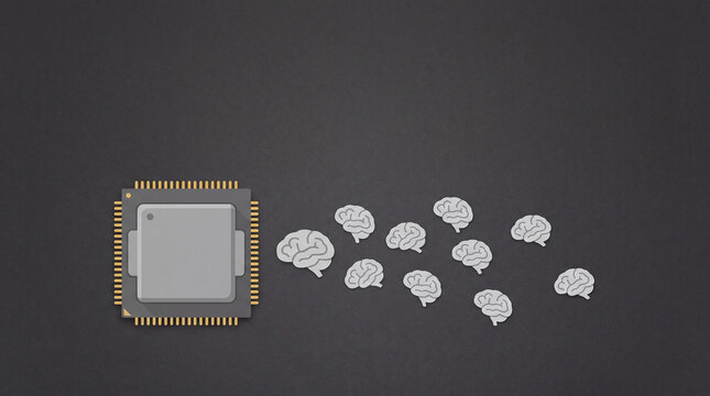 Computer processor chip surrounded by digital brain icons