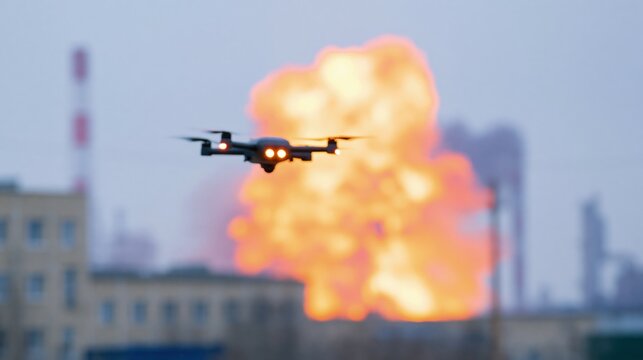 FVP drone has just attacked an enemy's power plant. Crisis. Futuristic war. Tactical drone. War of drones