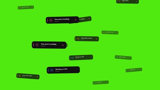 Mobile notification bubbles floating across green screen for smartphone app UI interface mockup design.
