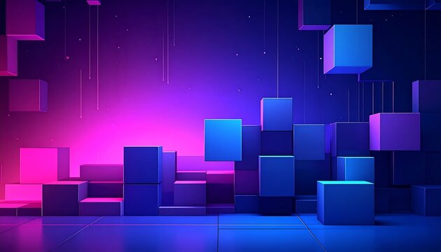 Abstract futuristic 3D cubes background with neon purple and blue glow, digital geometry art for technology and sci-fi themes