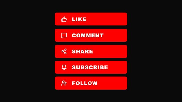 Social media interaction buttons stack animation with red flat design UI elements on black background