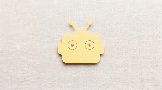 Minimalist yellow robot head icon on textured fabric surface