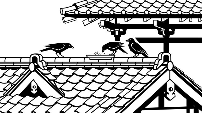 Black and white vector illustration of crows on a traditional tiled roof