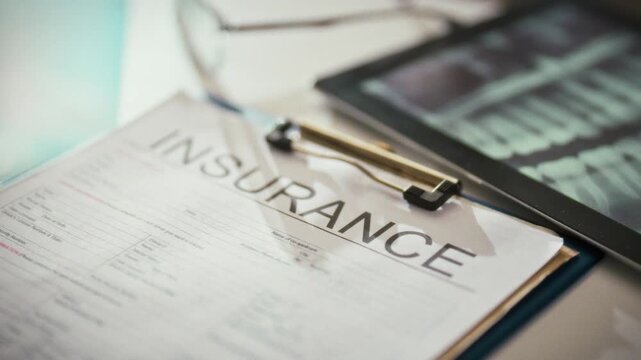 Filling out an insurance form, a professional explains dental treatment coverage. A dentist reviews medical insurance details, ensuring accurate information on healthcare benefits for patient records