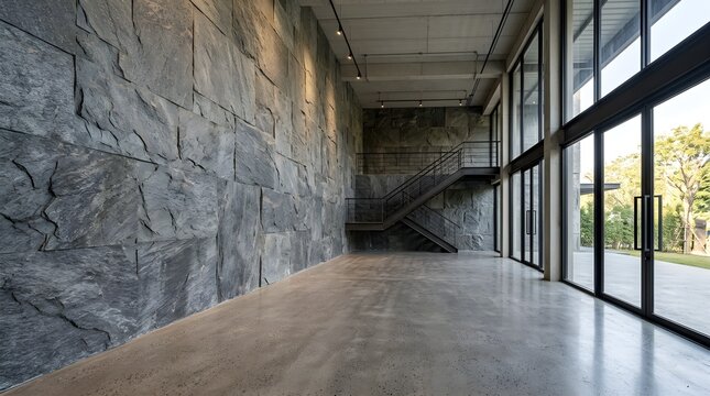 Spacious modern interior featuring a dramatic slate stone feature wall, polished concrete floor, mezzanine staircase and floor-to-ceiling glass walls that flood the minimalist showroom.
