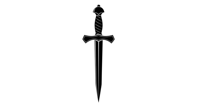 Medieval dagger vector illustration, black silhouette of a fantasy short sword, antique blade icon for gaming and heraldry