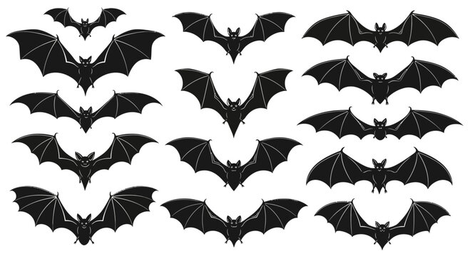 Halloween bat silhouettes collection, 13 black flying bat icons, spooky vampire bat vector set for party decor and graphic design