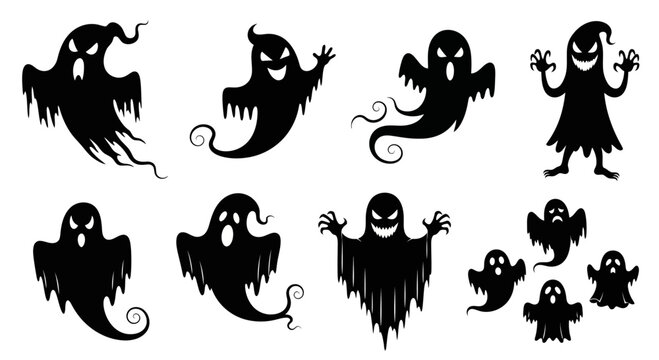 Spooky Halloween ghost silhouettes, black spirit character icons set, creepy phantom vector illustrations for holiday decor