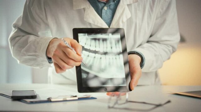 In a bright medical office, a doctor in a white coat sits with a patient, showing a panoramic X-ray on a tablet. He points out problem areas and discusses tailored treatment options, emphasizing care